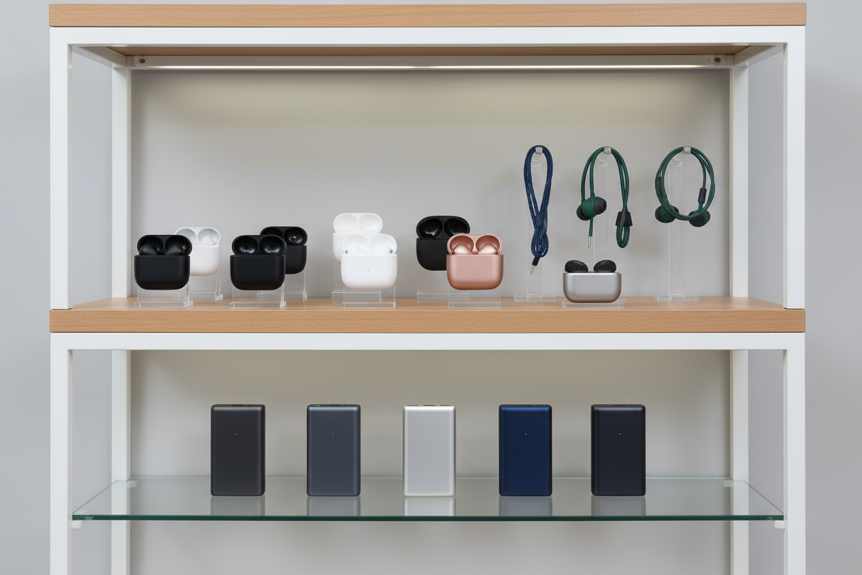 some tech gadgets like headphones in ears powerbanks on shelf